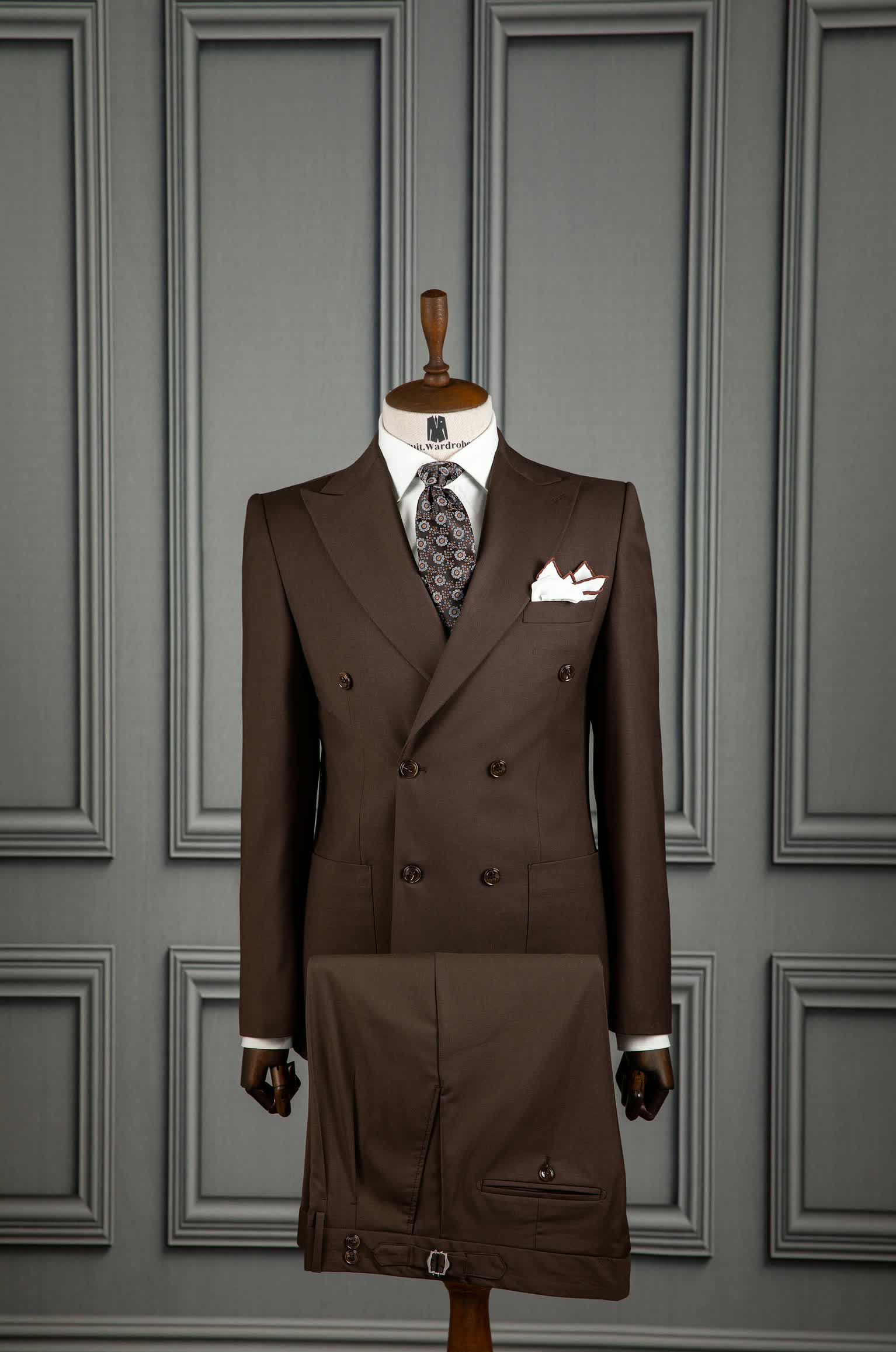 High Waist Pleated Dark Brown Double Breasted Suit S52 